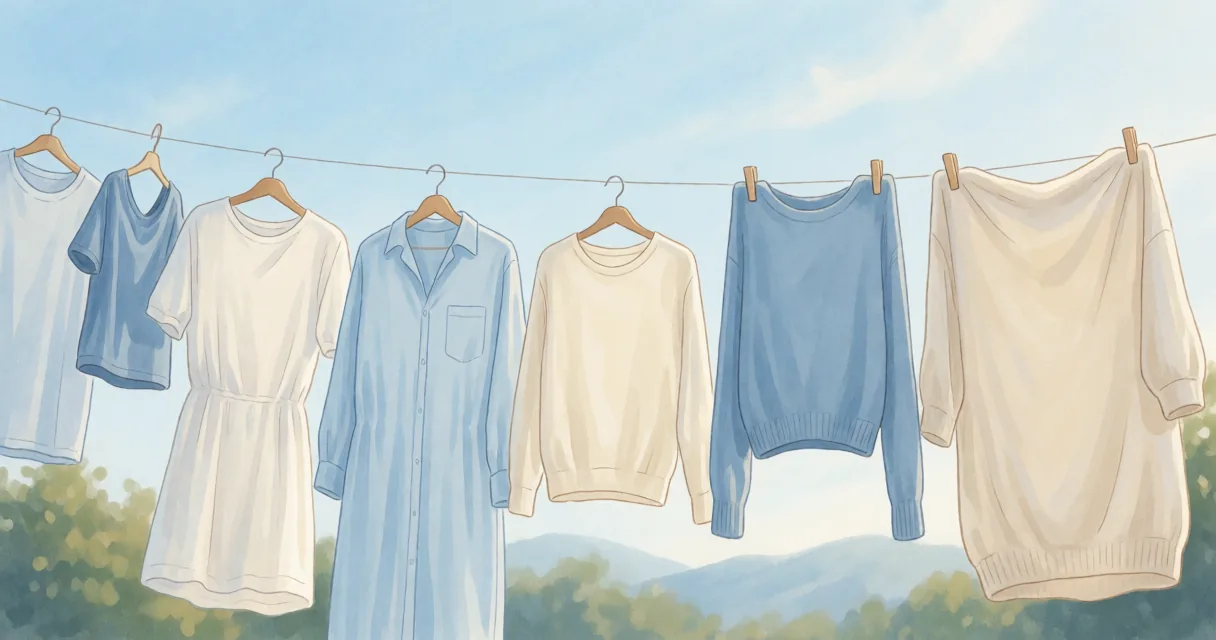 Laundry scene illustrating how to dry wool garments on an autumn drying day