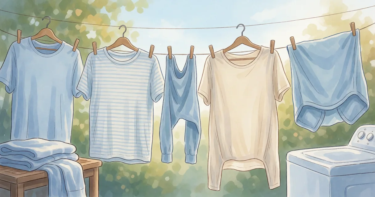 Laundry scene illustrating how to sort a mixed autumn laundry load before washing