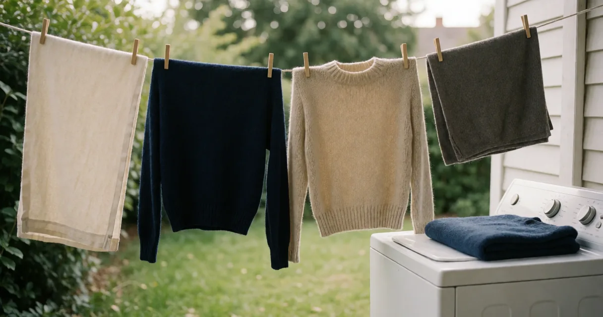 Laundry scene illustrating how to read drying symbols on a care label